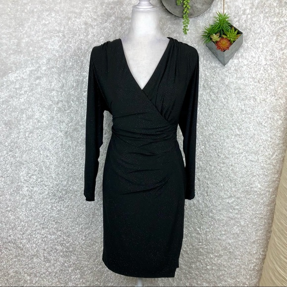 Calvin Klein Black Shimmer Faux Wrap Long Sleeve Cocktail Dress Plus Size 22W - Picture 2 of 11